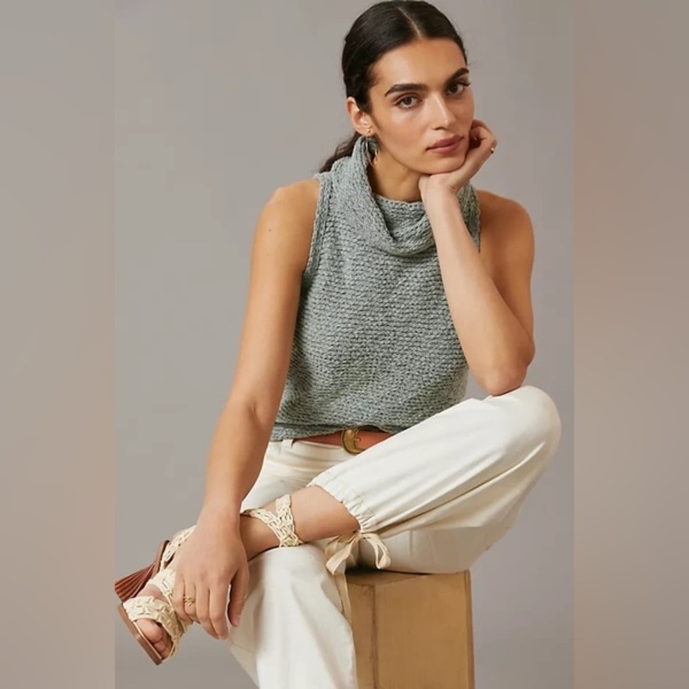 Anthropologie Pilcro NWT Turtleneck Tank Sweater in Moss Chunky Cotton Blend L